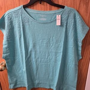 Talbots Teal Eyelet Shoulder Short Sleeve Tee
